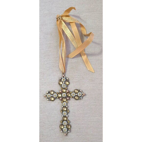 Beaded Cross Ornament With Gold & Pearl Accents On Ribbon Hanger For Wall 5"H - Picture 1 of 5